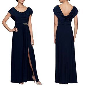 NWT Alex Evenings Matte Jersey Cowl Neck Drape Back Embellished Slit Fro…